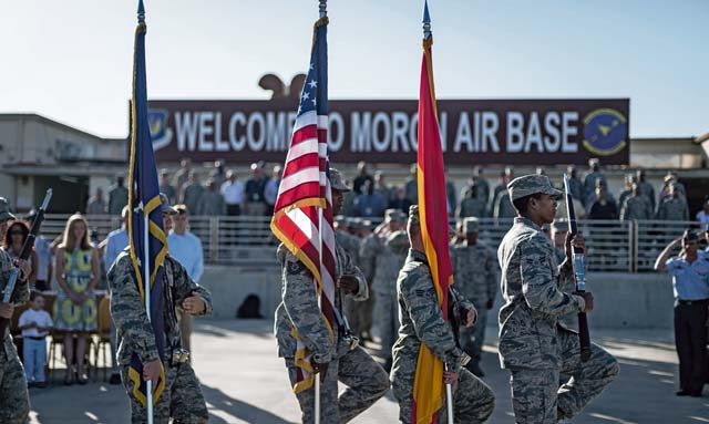Photo by Airman 1st Class Jordan CastelanHonor guardsmen assigned to the 496th Air Base Squadron perform during a change of command ceremony that was held recently at Moron Air Base, Spain. Moron Air Base is a geographically separated unit falling under the  86th Operations Group, which operates and maintains an airfield that supports C-130, KC-10 and KC-135 variants alongside Navy and Marine operated aircraft. The airfield is also operated in cooperation with the Spanish air force and their fighter aircraft. 