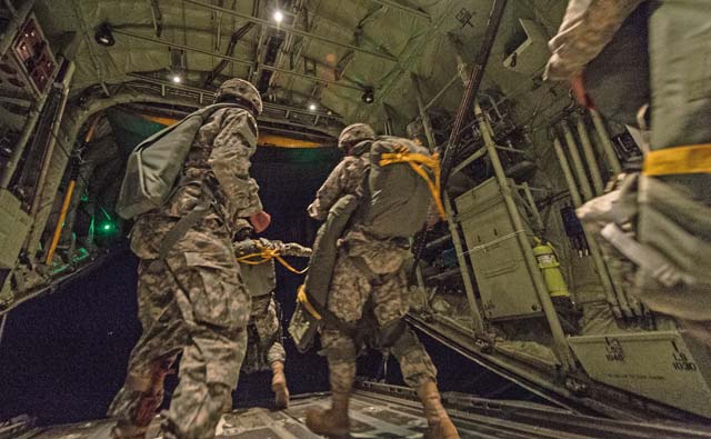 U.S. Army paratroopers with the 1st Battalion, 503rd Infantry Regiment, 173rd Airborne Brigade, exit a 37th Airlift Squadron C-130J Super Hercules during an airdrop as part of exercise Steadfast Javelin II over Lithuania Sept. 5. 