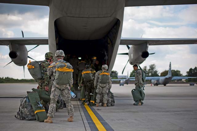 Bulgarian and U.S. Army soldiers enter a Bulgarian C-27J Spartan during Steadfast Javelin II Sept. 2 on Ramstein.