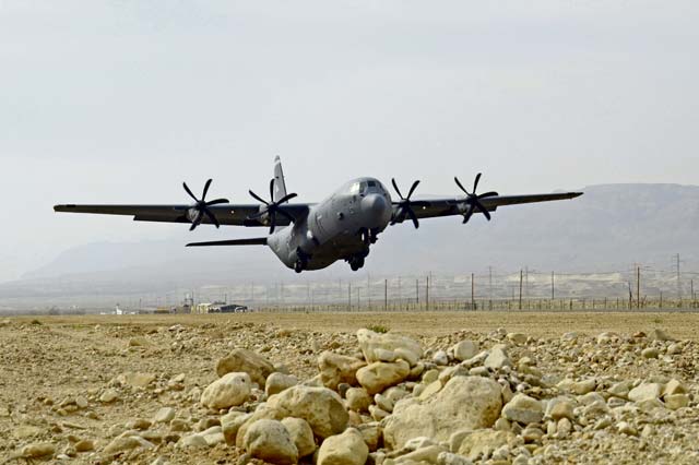 Photo by 2nd Lt. Kay M. NissenA C-130J Super Hercules takes off from an airfield Feb. 5, 2013, in Masada, Israel. The 86th Airlift Wing conducted a flying training deployment with the Israeli air force in order to strengthen partnerships and maintain readiness for contingency operations. 