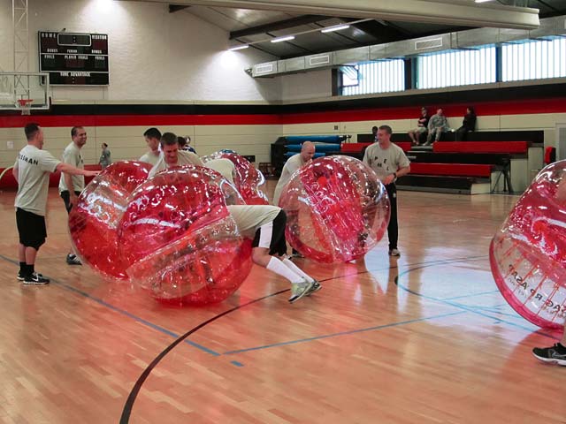 Photo by U.S. Army Garrison Rheinland-Pfalz Army Substance Abuse ProgramCommunity members prepare to do battle during U.S. Army Garrison Rheinland-Pfalz’s bubble soccer tournament May 27 at the Landstuhl Fitness Center on Wilson Barracks. The tournament is part of  the garrison’s 101 Critical Days of Summer safety campaign that runs Memorial Day through Labor Day. The campaign is designed to help community members remember to focus on safety both on and off duty. Games are free and will be played at various military fitness centers around the KMC. Details can be found at www.facebook.com/KaiserslauternASAP.