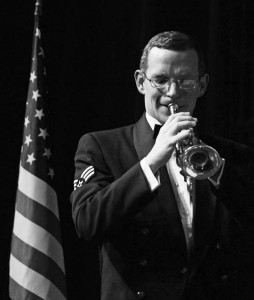 Senior Airman Matt Kirkpatrick, U.S. Air Forces in Europe and Air Forces Africa Band member, plays his trumpet Feb. 10.