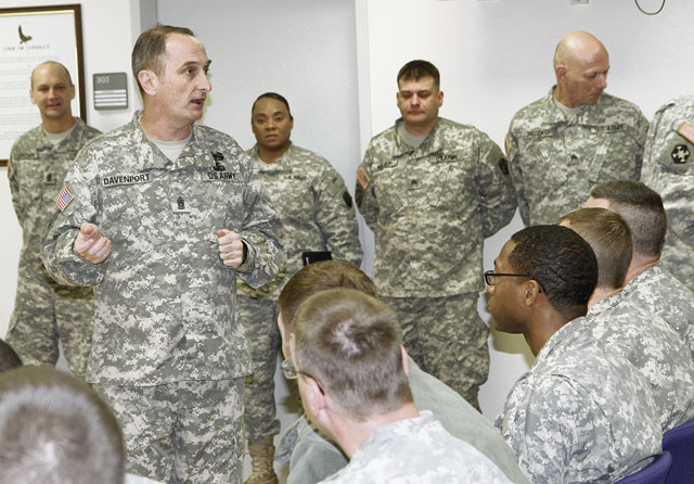 U.S. Army Europe Command Sgt. Maj. David S. Davenport Sr. answers questions presented  by the NCOs of the 7th Civil Support Command at a town hall meeting Dec. 7.