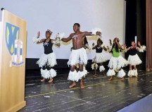 The Kaiserslautern High School dance team performs the African DeGomba dance Feb. 28 during an African-American History Month observance at the Galaxy Theater on Vogelweh Military Complex.
