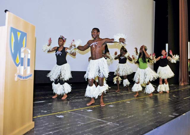 The Kaiserslautern High School dance team performs the African DeGomba dance Feb. 28 during an African-American History Month observance at the Galaxy Theater on Vogelweh Military Complex.