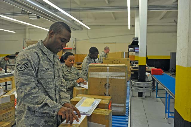 Photo by Airman 1st Class Hailey HauxGood supportAirmen from the 86th Logistics Readiness Group pack supplies for the wing June 26 on Ramstein. The 86th LRG’s functions include cargo processing, personal property and passenger movements, force reception and throughput, supply support, property accountability functions and fuels support. 