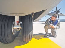 Photo by Senior Airman Aaron-Forrest WainwrightSafety inspectionStaff Sgt. Joseph Hernandez, 86th Airlift Wing ground safety inspector, surveys a C-130J Super Hercules Sept. 4 on Ramstein. Safety inspectors from the 86th AW ensure Team Ramstein is always ready to execute the mission.