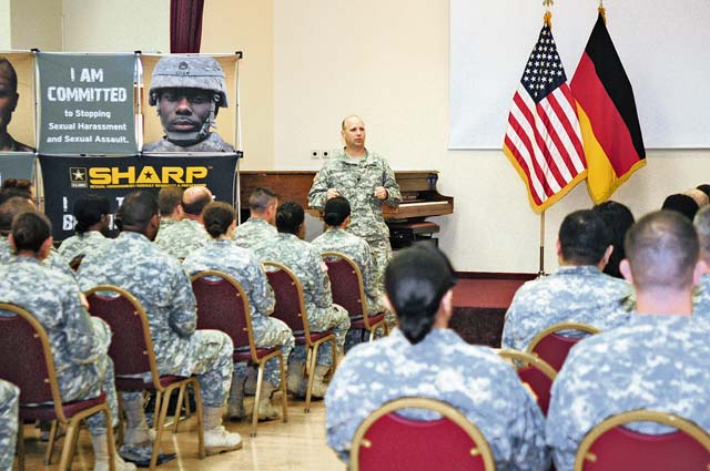 Photo by Spc. Iesha HowardSHARP trainingCol. Michael C. Snyder, deputy commanding officer of the 21st Theater Sustainment Command, talks to Sexual Assault Response and Prevention training graduates Sept. 20 in the Kaiserslautern Community Activities Center on Daenner Kaserne.