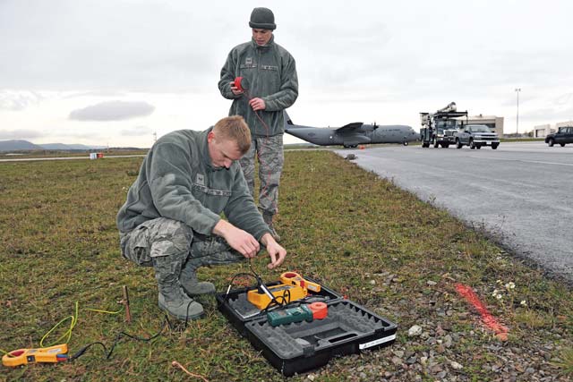 Senior Airmen Aaron Seigler and Elijah Rohde, 786th Civil Engineer Squadron power production technicians, conduct several ground resistance tests to ensure tolerances below 10,000 ohms for new static grounds. The necessary static grounds provide a measure of safety for maintenance and aircrew using the aircraft. 