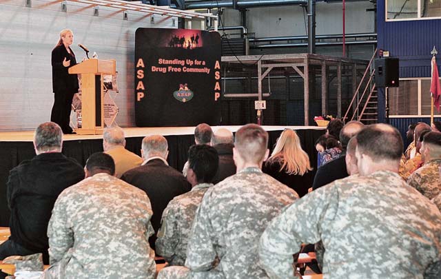 Photo by Spc. Iesha HowardClaire Russo, a guest speaker for the Ready and Resilient Suicide Prevention Day discusses resiliency with Soldiers and Army civilians from the 21st Theater Sustainment Command and other units Sept. 24 in the KMC. Russo shared a traumatic experience that changed her life and explained how she developed resilience during and after the event.  “It is your duty to pay attention to your battle buddy. Not only are we a high risk community, but we are sent to war and sent to hostile areas to do the toughest jobs. If we are not functional within our own ranks, we are failing not just ourselves but our entire country,” Russo said.
