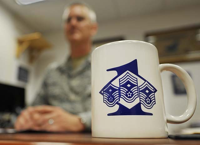 Senior Master Sgt. Keith Custer, 86th Maintenance Squadron first sergeant, speaks with an Airman Aug. 8 on Ramstein. Custer has 10 years of first sergeant experience between 10 different units.