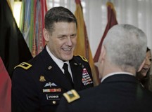 Maj. Gen. John R. O’Connor, commanding general of the 21st Theater Sustainment Command, greets guests as they arrive at the 2015 21st TSC New Year’s Reception Jan. 9 on Vogelweh.