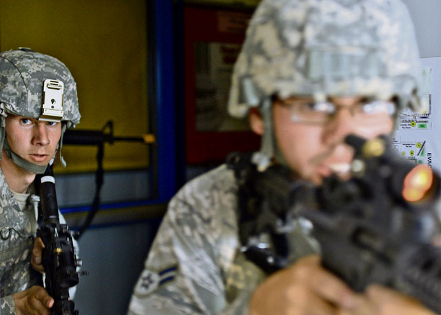 Photos by Tech. Sgt. Daylena GonzalezThe 86th Security Forces Squadron conducts active shooter training July 11 at Ramstein Middle School. An active shooter is an individual actively engaged in killing or attempting to kill people, most often in populated areas. In most cases, active shooters use firearms and there is no pattern or method to their selection of victims. In some cases, active shooters use improvised explosive devices to create additional victims and to impede first responders. The training created a realistic environment for first responders to react and secure threats.