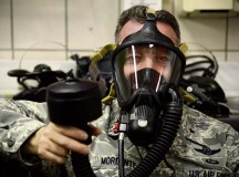 Brig. Gen. Patrick X. Mordente, 86th Airlift Wing commander, does a breathing test with the MSA FireHawk 
mask prior to participating in a burn house training scenario Nov. 19 on Ramstein. The FireHawk is the mask used by 86th Civil Engineer Squadron firefighters when battling fires.