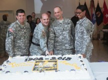(From left) Lt. Col. Daniel White, chaplain in the 7th Civil Support Command and oldest 7th CSC Soldier; Brig. Gen. Paul M. Benenati, 7th CSC commanding general; Command Sgt. Maj. Ray Brown, 457th CA Bn., 7th CSC senior enlisted leader and youngest 7th CSC Soldier; and Spc. Miracle McGee, 457th CA Bn., 361st CA Brigade, 7th CSC senior mechanic, cut the U.S. Army Reserve birthday cake.