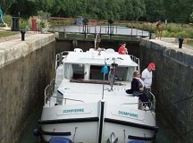 Photo by Cheri de HaasA boat waits in one of the many locks of the Burgundy canal in France in July.