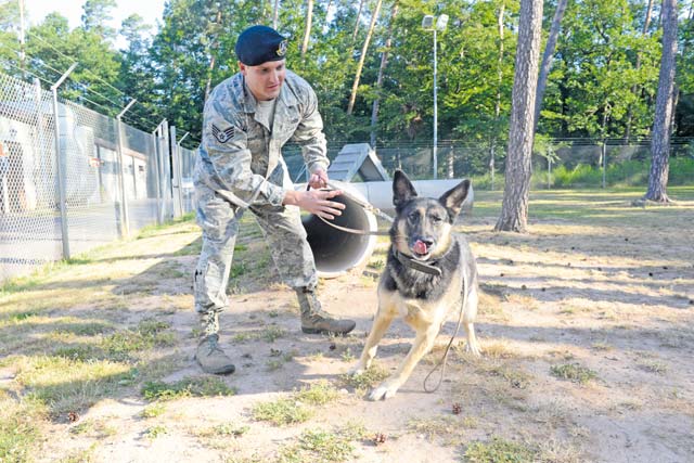 Photo by Tech. Sgt. James HodgmanStaff Sgt. Zackery Hons, 86th Security Forces Squadron military working dog handler, holds back his military working dog, Rose, during a K-9 demonstration. The 86th SFS currently has 19 MWDs assigned to them and is the largest kennel in U.S. Air Forces in Europe. 
