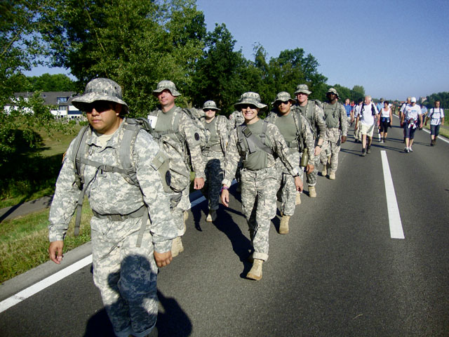 Photo by 1st Sgt. Michael EldredA combined team from Landstuhl Regional Medical Center and U.S. Army Public Health Command Region-Europe march alongside approximately 40,000 marchers participating in the second day of the International Four Days Marches Nijmegen in Holland. 