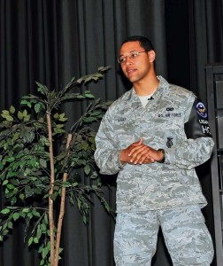 Airman 1st Class Matthew Gray, 86th Security Forces Squadron patrolman, shares his story at the storytellers’ event May 10 on Ramstein. Gray spoke about his transition from having a tough childhood to becoming an Airman. The storytellers’ event gave Airmen the opportunity to come together and share their stories.