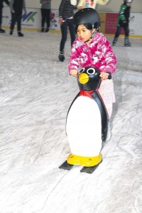 Children learn to ice skate with the help of penguin  training aids.