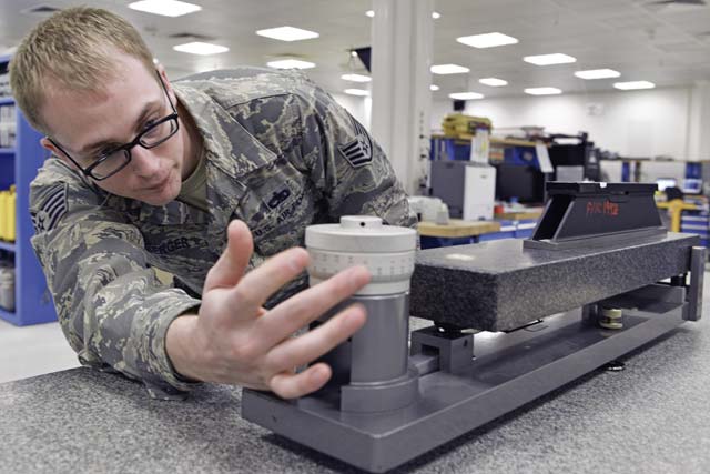 Staff Sgt. KC Berger, 86th Maintenance Squadron precision measurement equipment laboratory technician, generates a measured angle to show how they ensure equipment is properly levelled.