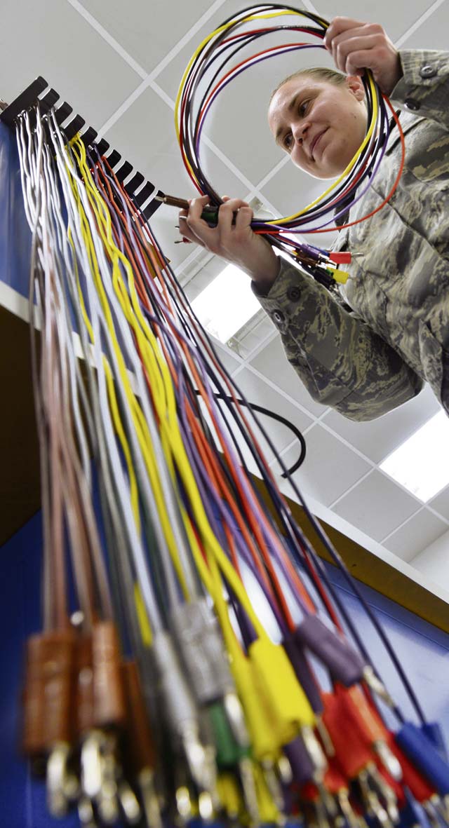 Tech. Sgt. Erin Zorzy, 86th Maintenance Squadron precision measurement equipment  laboratory technician, collects test leads to plug into measurement equipment.