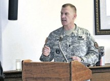 Command Sgt. Maj. Kenneth J. Kraus Jr., command sergeant major of U.S. Army Garrison Rheinland-Pfalz, speaks to Soldiers, civilians and family members during the 2014 Army Emergency Relief fundraising campaign kick-off 
luncheon March 4 at the Landstuhl Community Club on Wilson Barracks.