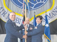 Photo by 2nd Lt. Henry LancasterCol. Nancy Bozzer assumes command of the 521st Air Mobility Operations Wing June 18 on Ramstein. The ceremony was officiated by Maj. Gen. Frederick “Rick” Martin, U.S. Air Force Expeditionary Center commander.