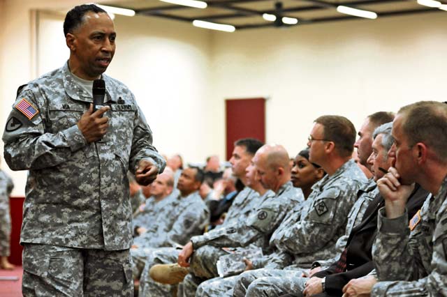 Photo by Staff Sgt. Alexander A. Burnett Gen. Dennis L. Via, commanding general of the U.S. Army Materiel Command based at Redstone Arsenal, Ala., discusses the future of Army logistics during an officer professional development session May 1 at the Kaiserslautern Community Activity Center on Daenner Kaserne. 