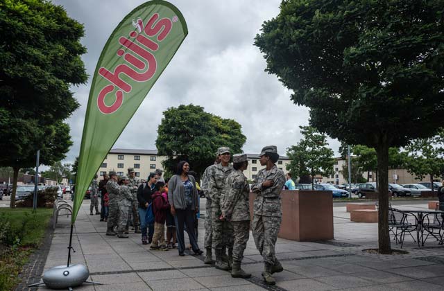 Photo by Airman 1st Class Jordan CastelanA line forms Monday outside the front entrance of the recently renovated Chili’s restaurant on Ramstein. The 86th Force Support Squadron welcomed the crowd with a ribbon cutting ceremony and prizes for a few lucky Airmen.