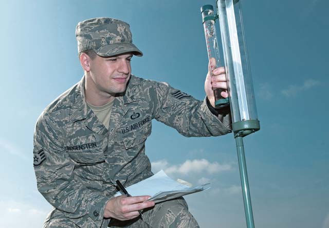 Staff Sgt. Albert Gsell, 86th Operations Support Squadron weather flight weather forecaster, gathers information from a weather radar. As a member of the weather flight, Gsell uses weather forecasts from around Europe to create mission execution forecasts in support of training  missions.
