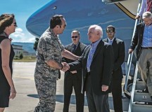 Photo by Airman 1st Class Jordan CastelanLt. Gen. Tom Jones, U.S. Air Forces in Europe and Air Forces Africa vice commander, and his wife, Debbie, welcome U.S. Sen. Ben Cardin and his congressional delegation to Ramstein July 3. The six members of Congress had lunch with Airmen from their home states during a brief stop here.