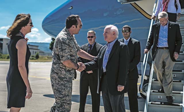 Photo by Airman 1st Class Jordan CastelanLt. Gen. Tom Jones, U.S. Air Forces in Europe and Air Forces Africa vice commander, and his wife, Debbie, welcome U.S. Sen. Ben Cardin and his congressional delegation to Ramstein July 3. The six members of Congress had lunch with Airmen from their home states during a brief stop here.