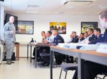 Master Sgt. Etienne Tousignant, 86th Force Support Squadron career assistance adviser, talks to the first-term Airmen Sept. 23 in the First Term Airmen Center on Ramstein. Tousignant 
talks to the Airmen about the importance of their jobs and the impact they have on the Air Force mission. The CAAs offer many forums and assistance from retraining to transitioning into civilian life.