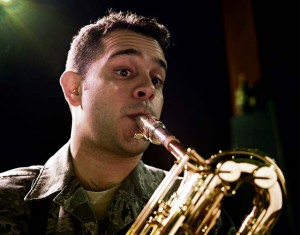 Staff Sgt. Lencys Esteban-Nunez plays saxophone during a rehearsal with the U.S. Air Forces in Europe Band jazz ensemble The Ambassadors Jan. 16 on Ramstein.