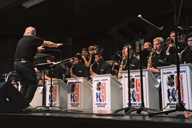 Students from the Department of Defense Dependents Schools-Europe Honor Jazz Band perform Jan. 16 on Ramstein. The U.S. Air Forces in Europe Jazz Band helped fine tune the musical skills of the high school students for a few days before the students performed three different shows in the KMC.