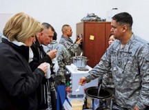 Photo by Brandon BeachMembers of the KMC sample chili prepared by Sgt. Juan DiazFuentes, 21st Theater Sustainment Command Support Operations material management NCOIC, during a chili cook-off event Feb. 7 on Panzer Kaserne. Proceeds from the event will go to support the 21st TSC Family Readiness Group. Winners of the chili cook-off were: Chris Norris, logistics management specialist, 21st TSC Support Operations Maintenance Section, for best tasting chili; Sgt. Juan DiazFuentes, material management NCOIC, 21st TSC Support Operations, for most unique chili; and Master Sgt. Kory Ysen, operations sergeant, 21st TSC Special Troops Battalion, for spiciest chili.