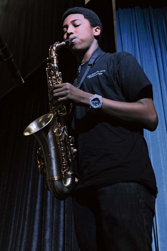 A saxophone player from Ramstein High School performs a solo during the DODDS-Europe Honor Jazz Seminar.