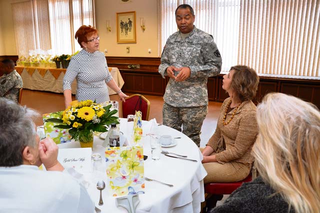 Maj. Gen. Aundre Piggee, 21st Theater Sustainment Command commander, speaks with Gold Star Wives at a Survivor Outreach Services luncheon April 4 at U.S. Army Garrison Kaiserslautern’s Landstuhl Community Club.