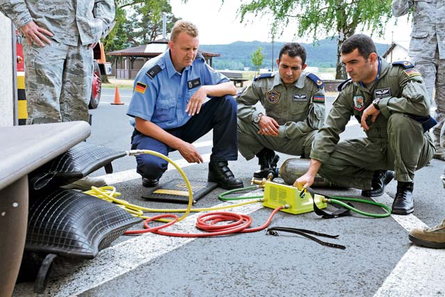 Photo by Senior Airman Chris Willis  Members of the Azeri air force review the fire response capabilities the 86th Civil Engineer Squadron provides Aug. 7 on Ramstein.  The visit gave Azeri air force leaders a chance to further military relations and improve the partnership between the U.S. and Azeri forces.  