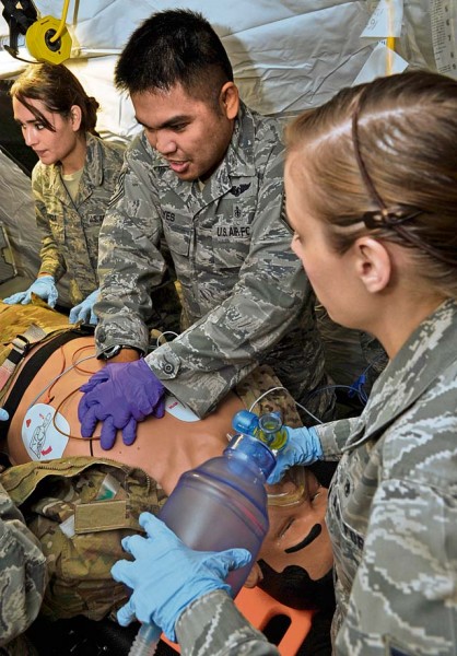 U.S. Air Forces in Europe and Air Forces Africa medical unit members simulate reviving a wounded victim during Expeditionary Medical Support training Aug. 28 on Ramstein.