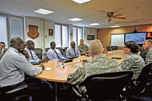 Ghana air force leaders are briefed on the operations of the Kisling NCO Academy Sept. 26 on Kapaun. Ghana’s air force leaders visited the NCO  academy to learn how the U.S. Air Force develops its enlisted force.