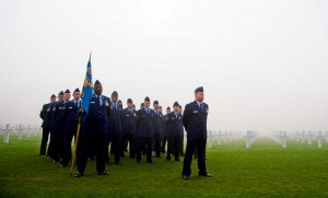 Members of the 86th Munitions Squadron stand at parade rest during a Veterans Day ceremony Nov. 11 at the Luxembourg American Cemetery and Memorial in Luxembourg. The cemetery holds the remains of 5,076 American service members, most of whom died during the Battle of the Bulge.
