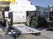 Airmen with the 721st Aerial Port Squadron use a modified deck, dubbed the “Donnelly Loader,” to off-load baggage 
on Ramstein. The “Donnelly Loader” is planned to replace the method of loading and unloading baggage from airframes manually.