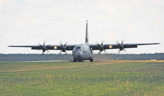 A C-130J Super Hercules lands on an unimproved runway at Powidz Air Base, Poland, Aug. 25. Throughout their deployment to Poland, Airmen were able to work with NATO partners to develop and improve forces capable of maintaining regional security.