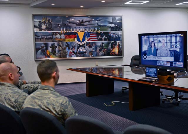 Ramstein Airmen listen to the chief of staff of the Air Force, Gen. Mark A. Welsh III, as he responds to questions during a video conference Jan. 16. The video conference allowed Airmen to chat with Welsh about Air Force topics in an informal setting.