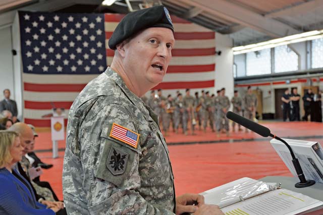 Col. Bryan DeCoster, U.S. Army Garrison Rheinland-Pfalz commander, speaks of the unit’s increased role in supporting dozens of Army posts from Pirmasens and Miesau to Baumholder and Germersheim.