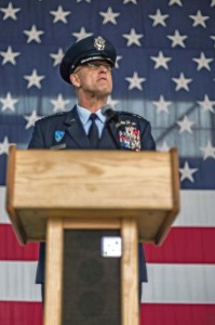 Photo by Airman 1st Class Jordan CastelanGen. Frank Gorenc, U.S. Air Forces in Europe and Air Forces Africa commander, speaks about the new 3rd Air Force commander, Lt. Gen. Darryl Roberson, and his accomplishments during the 3rd Air Force assumption of command ceremony June 11 on Ramstein.