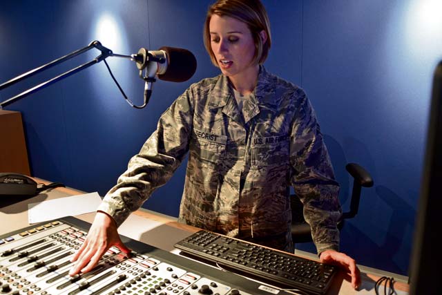 Photo by Rick ScavettaSenior Airman Victoria Secrist, host of the AFN Kaiserslautern’s popular midday radio show, checks out the new radio studios on Vogelweh.