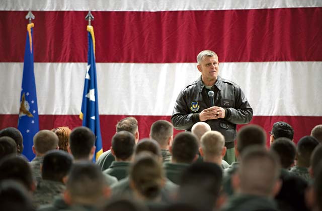 Photo by Senior Airman Jose L. LeonGen. Frank Gorenc, U.S. Air Forces in Europe and Air Forces Africa commander, addresses members of the 86th Airlift Wing during a commander’s call Dec. 3 on Ramstein. After a day of touring the base, Gorenc took time to answer questions and discuss concerns from the audience about issues concerning the  Air Force.